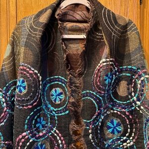 Chic Patterned Brown Wool Fringed Scarf Wrap w/ Multi Colored Circle Embroidery